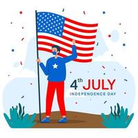 quarto del giorno dell'indipendenza di luglio, uomo che tiene una bandiera americana vettore