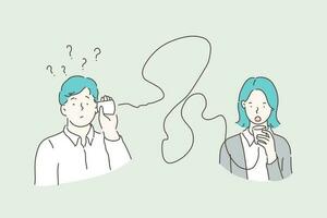 problemi di comunicazione, lattina può comunicazione concetto. coppia avendo malinteso, falsa percezione problema, uomo e donna provando per comunicare con vecchio tecnologie. . semplice piatto vettore