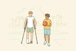 Salute, cura, sport, pallacanestro, amicizia concetto. giovane ragazzi bambini africano americano tipo Tenere palla e Disabilitato amico con stampelle a piedi insieme. amichevole supporto e riabilitazione. vettore