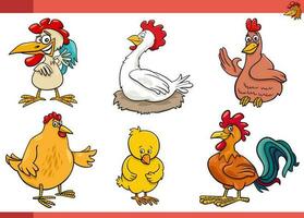 cartone animato polli uccelli azienda agricola animali comico personaggi impostato vettore