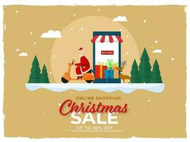 su per 50 via per Natale vendita manifesto design con e-shop nel smartphone, regalo scatole, natale alberi, renna e Santa equitazione scooter. vettore