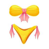 Da donna costume da bagno bikini nel giallo colore con rosa legare. cartone animato stile. estate tempo simbolo. vettore illustrazione isolato su bianca.