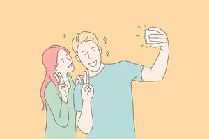 fabbricazione autoscatto, sorridente coppia, vittoria gesto concetto. ragazzo e ragazza, romantico coppia in posa per smartphone telecamera. allegro adolescenti assunzione immagine utilizzando mobile Telefono. semplice piatto vettore