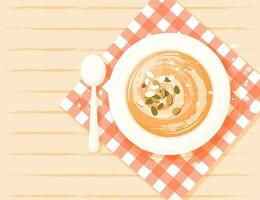 zucca crema la minestra su di legno tavolo. tradizionale ringraziamento cibo vettore illustrazione nel piatto cartone animato stile