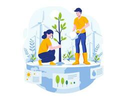 mondo ambiente giorno. persone siamo giardinaggio il terra. un' coppia piantare e irrigazione un' albero per verde natura ambientale protezione. Salva nostro pianeta vettore