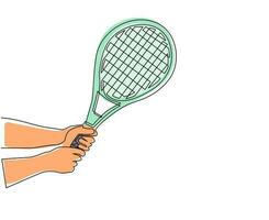 singolo giocatore di disegno a tratteggio mano che tiene la racchetta da tennis. attrezzature sportive racchette da tennis. articoli sportivi per il campionato. attività estiva all'aperto. vettore grafico moderno di disegno di linea continua