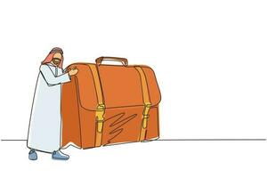 unico disegno a tratteggio gioioso uomo d'affari arabo abbraccia la valigia con i soldi. capo e caso con contanti. obiettivo di successo del piacere d'affari. illustrazione vettoriale grafica moderna con disegno a linea continua