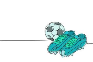 scarpe da calcio con disegno a linea continua singola e pallone da calcio. icona del calcio. stivali da pallone da calcio. inventario sportivo. per annunci di negozi sportivi, pittogrammi di app, infografiche. vettore di disegno grafico a una linea