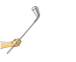 una linea continua disegno golfista mano che tiene il bastone da golf. concetto di cuneo della holding del giocatore di golf. mano umana con il simbolo dello sport bastone, club e palla. attrezzatura per golfisti. grafica vettoriale di disegno a linea singola