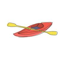 percorsi per canoa a linea continua singola e club di rafting con attrezzatura per kayak. montagna d'epoca, rafting, kayak, canoa, campeggio in canoa. illustrazione vettoriale di un disegno grafico a una linea