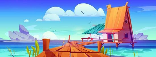 cartone animato paesaggio marino con ponte e Casa su acqua vettore