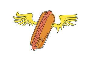 hot dog di disegno a linea continua singola con logo ali. pasto, consegna, caffetteria, divertente illustrazione icona. amore hot dog per il concetto di fast food cafe. illustrazione vettoriale di disegno grafico dinamico di una linea