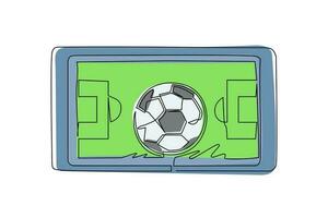 campo da calcio e pallone da calcio con disegno a linea singola sullo schermo dello smartphone. smartphone con app calcio calcio. campionato di streaming sportivo mobile da giocare. vettore di disegno a linea continua moderna