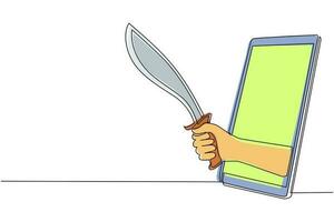 coltello machete a mano con disegno a linea continua con lama curva tramite telefono cellulare. concetto di giochi mobili, e-sport, applicazione di intrattenimento per smartphone. vettore di disegno a linea singola