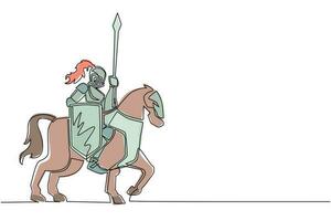 unico disegno a tratteggio cavaliere armato medievale a cavallo. carattere militare antico storico. principe con lancia e scudo. antico combattente. illustrazione grafica vettoriale di progettazione di linea continua