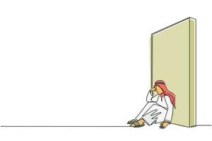 unico disegno a linea continua sconvolto uomo d'affari arabo seduto sul pavimento e appoggiato al muro. concetto di business in caso di fallimento, triste, solitario, fallimento o espressione negativa. vettore di disegno di una linea