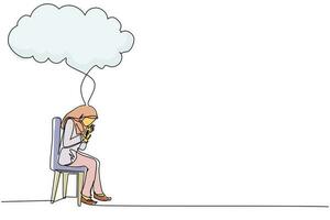 disegno continuo di una linea donna d'affari araba seduta sotto la nuvola di pioggia. fallimento aziendale. donna preoccupata che pensa al business con tendenza negativa. crollo dell'economia. vettore di disegno a linea singola