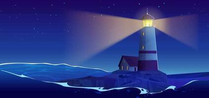 cartone animato notte paesaggio marino con faro isola vettore