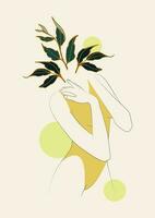 donna corpo con le foglie estetico illustrazione manifesto. bellissimo femmina figura vettore