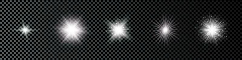 leggero effetto di lente razzi. impostato di cinque bianca raggiante luci starburst effetti con scintille su un' buio vettore