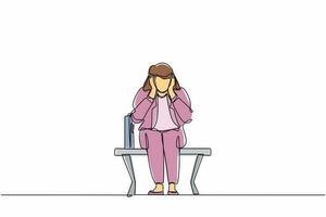 unico disegno a tratteggio donna d'affari triste, depressione. donna sola seduta su una panchina nel parco. giovane personaggio femminile che tiene la testa. concetto di fallimento. illustrazione grafica vettoriale di progettazione di linea continua