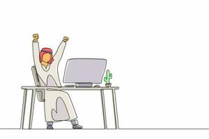 unico disegno a tratteggio felice uomo d'affari arabo seduto con le mani alzate sul suo posto di lavoro. impiegato celebra l'aumento di stipendio dall'azienda. illustrazione grafica vettoriale di progettazione di linea continua