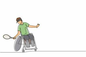 sportivo di disegno a una linea continua con sedia a rotelle che gioca a tennis. concetto di società, comunità di persone con disabilità. hobbies. illustrazione grafica vettoriale di progettazione a linea singola