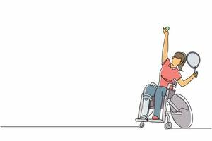 sport di tennis su sedia a rotelle con disegno a linea continua singola. atleta in sedia a rotelle con racchetta. persone attive. donna. disabilità, politica sociale. supporto sociale. vettore di disegno grafico a una linea