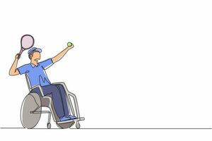 disegno a linea continua singolo atleta maschio con disabilità che gioca a tennis seduto in sedia a rotelle. sportivo che tiene la racchetta e serve la palla. illustrazione vettoriale di un disegno grafico a una linea