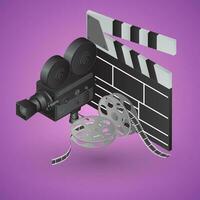 realistico video telecamera con battacchio e film bobina su viola sfondo. vettore