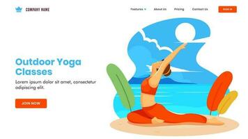 all'aperto yoga classi concetto basato atterraggio pagina design con giovane ragazza fare yoga nel aswaasanchal asana posa su spiaggia Visualizza sfondo. vettore