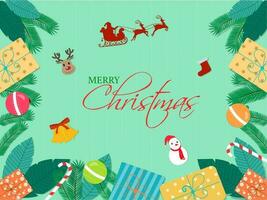allegro Natale saluto carta design con Santa Claus equitazione renna slitta, tintinnio campana, palline, caramella canna, foglie, regalo scatole e pupazzo di neve su verde a strisce sfondo. vettore