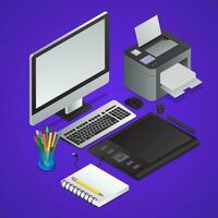 posto di lavoro di 3d grafico progettazione utensili piace come computer con stampante, grafico tavoletta, penna titolare su viola sfondo. vettore
