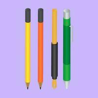 3d illustrazione di penna, inchiostro penna e matita su viola sfondo. vettore