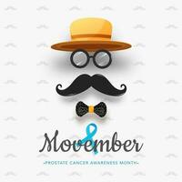 creativo uomo viso fatto di fedora cappello con occhiali, baffi, arco cravatta e prostata cancro consapevolezza nastro per Movember mese concetto. vettore
