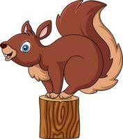 simpatico cartone animato scoiattolo sul ceppo di albero vettore