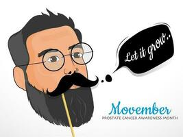 illustrazione di uomo viso indossare occhiali con baffi bastone su bianca sfondo per movember, prostata cancro consapevolezza mese concetto. vettore