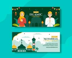 contento Muharram islamico nuovo anno orizzontale bandiera cartone animato mano disegnato modelli sfondo illustrazione vettore