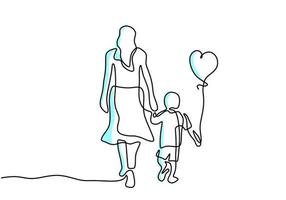 continuo un disegno a tratteggio della giovane madre che tiene il suo bambino con mongolfiere a forma di cuore. carta di felice festa della mamma. concetto di genitorialità familiare. mamma personaggio con un bambino. illustrazione vettoriale