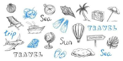 mano disegnato schizzo impostato di viaggio icone. mare. trasporto, palma, conchiglie, bagaglio, spiaggia, immersione attrezzatura. vettore