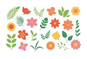 impostato di fiori, le foglie e ramoscelli nel semplice stile. colorato floreale elementi per design. vettore piatto illustrazione isolato su bianca sfondo