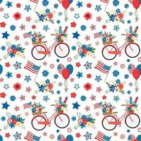 patriottico vacanza rosso bicicletta, americano bandiere, fiori e palloncini senza soluzione di continuità modello. isolato su bianca sfondo. indipendenza giorno a tema design sfondo. vettore