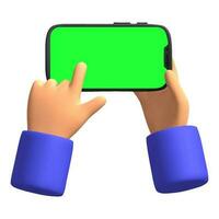 3d rendere cartone animato dito clic su smartphone con verde schermo e mano Tenere un' Telefono isolato icona vettore illustrazione