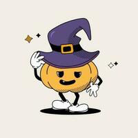 gentiluomini zucca personaggio nel cappello, cartone animato zucca portafortuna Vintage ▾ stile, divertente Halloween, vettore illustrazione