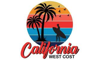 California ovest costo maglietta design vettore illustrazione e abbigliamento di moda design con palma alberi sagome con fare surf uomo, tipografia, Stampa, vettore illustrazione. vettore Stampa design opera d'arte