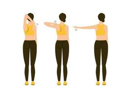 donna dimostra Come per fare spalla esercizio - braccio fa un' movimento a partire dal uno spalla per il Altro. vettore piatto illustrazione isolato su bianca sfondo