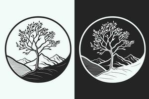 montagna schizzo, schema stile nero e bianca montagne e albero vettore, montagna albero icona illustrazione, montagna logo vettore