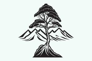 montagna schizzo, schema stile nero e bianca montagne e albero vettore, montagna albero icona illustrazione, montagna logo vettore