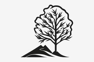 montagna schizzo, schema stile nero e bianca montagne e albero vettore, montagna albero icona illustrazione, montagna logo vettore