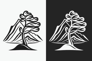 montagna schizzo, schema stile nero e bianca montagne e albero vettore, montagna albero icona illustrazione, montagna logo vettore